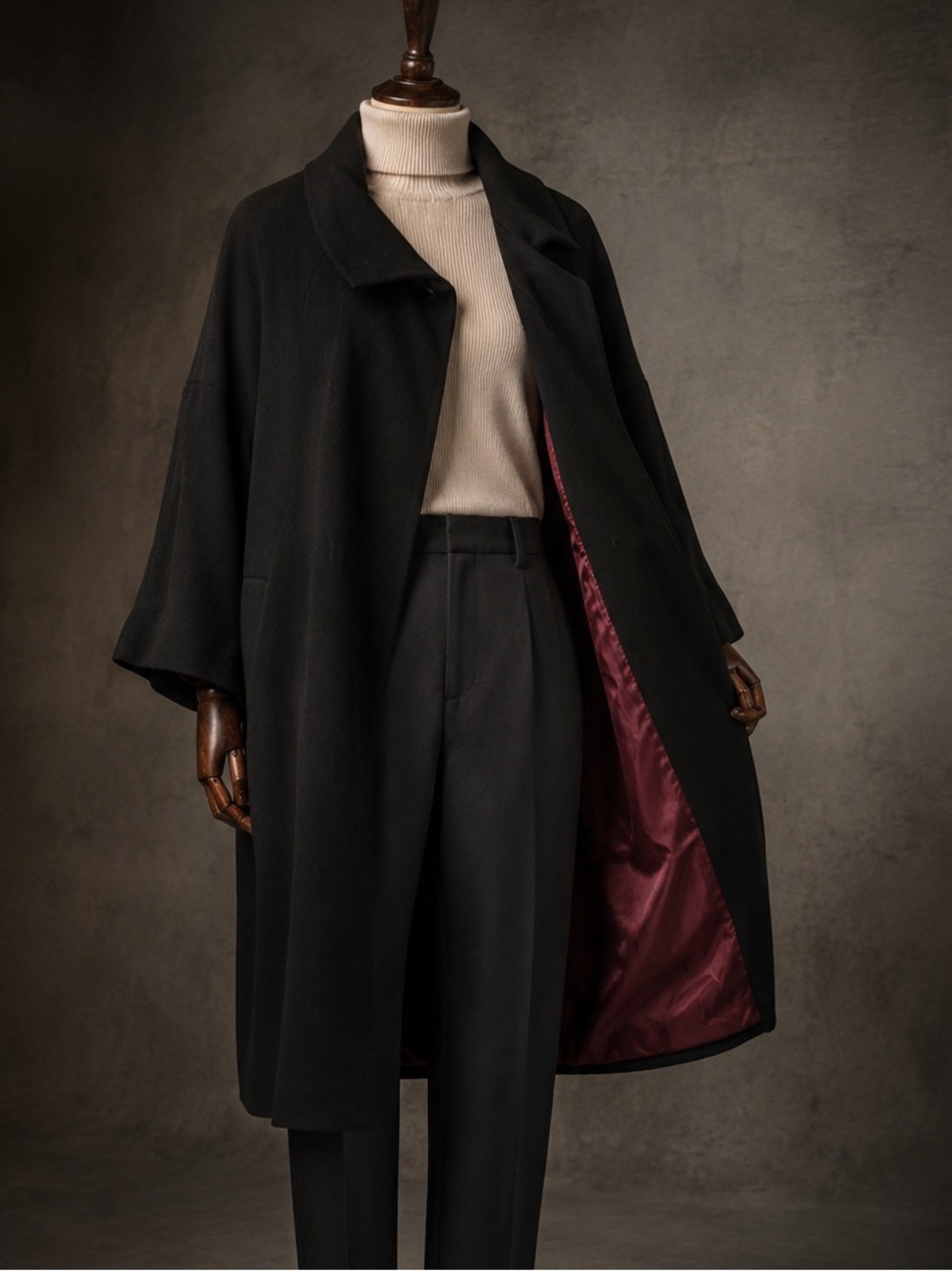 French Connection Black Wool Cocoon Coat Cape Sleeve Shawl Collar Sz 10 Wrap